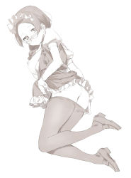 Rule 34 | 1girl, 2l (2lsize), 3:, ass, blush, braid, breasts, breasts out, closed mouth, clothes lift, clothes pull, dress, dress lift, forehead, full body, greyscale, highres, large breasts, lifted by self, loafers, looking at viewer, looking back, maid, maid headdress, monochrome, nipples, original, pantyhose, pantyhose pull, round eyewear, shoes, short sleeves, skirt, skirt lift, solo, twin braids