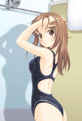 Rule 34 | 1girl, ass, blush, brown eyes, brown hair, competition swimsuit, cropped, flat ass, kawada tomoko, kimi kiss, long hair, looking at viewer, masakichi (crossroad), one-piece swimsuit, shadow, showering, solo, standing, swimsuit, wet