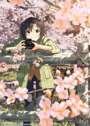 Rule 34 | 1girl, aiming, aiming at viewer, antenna hair, arm rest, artist name, bad id, bad pixiv id, basket, black eyes, black hair, blush, branch, buttons, camera, cherry blossoms, collaboration, highres, holding, holding camera, idolmaster, idolmaster (classic), kikuchi makoto, kurono-kuro, kurono kuro, looking at viewer, open mouth, outdoors, patch, sample watermark, short hair, smile, solo, standing, stream, taking picture, taku1122, tree, water, watermark