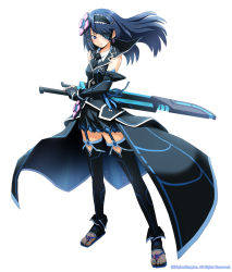 Rule 34 | 1girl, absurdres, blue eyes, blue hair, cosmic break, covering one eye, detached sleeves, earrings, feet, fighting stance, garter belt, gloves, hair ornament, headband, highres, holding, holding weapon, insignia, jewelry, long coat, long hair, luto mikazuchi, matching hair/eyes, morizo cs, nail polish, readied weapon, ready to draw, sandals, solo, sword, thighhighs, toenail polish, toenails, toes, weapon