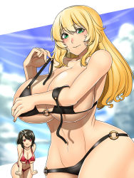 Rule 34 | 10s, 2girls, atago (kancolle), bikini, bikini pull, black bikini, black hair, blonde hair, blush, breast envy, breasts, cleavage, clothes pull, curvy, eyebrows, green eyes, highres, huge breasts, kantai collection, large breasts, long hair, looking at viewer, multiple girls, navel, o-ring, o-ring bikini, o-ring bottom, pout, red bikini, red eyes, short hair, smile, swimsuit, takao (kancolle), thick thighs, thighs, wide hips, yui sora