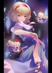 Rule 34 | 1girl, :t, alice margatroid, arm at side, blonde hair, blue dress, blue eyes, blunt bangs, blurry, bob cut, bow, bowtie, bright pupils, capelet, commentary, doll, dqn (dqnww), dress, dutch angle, from behind, from side, glint, hair ribbon, hairband, hatchet, highres, holding, holding weapon, layered sleeves, light particles, long dress, long hair, long sleeves, looking at viewer, looking back, nata (tool), neck ribbon, parted lips, pillarboxed, pout, puffy short sleeves, puffy sleeves, puppet strings, red bow, red hairband, red ribbon, red sash, ribbon, sash, shanghai doll, short hair, short over long sleeves, short sleeves, sidelocks, solo, touhou, twisted torso, weapon, white capelet, white pupils