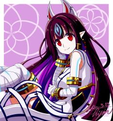 Rule 34 | 1girl, bandaged arm, bandaged hand, bandaged leg, bandages, brown hair, closed mouth, dated, dress, feet out of frame, glowing, highres, hisin, horns, kasandra (xenoblade), knees up, long hair, looking at viewer, looking to the side, pointy ears, red eyes, signature, sleeveless, sleeveless dress, smile, solo, very long hair, white dress, xenoblade chronicles (series), xenoblade chronicles 2