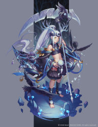 1boy absurdres antlers barefoot bird blush character_request closed_mouth eyebrows full_body grey_hair highres horns long_hair looking_at_viewer male_focus mool_yueguang nail_polish navel onmyoji onmyouji ponytail purple_nails solo standing trap very_long_hair yellow_eyes