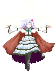 Rule 34 | 1girl, bandage over one eye, bow, bowtie, cape, cross, dress, closed eyes, flower, frills, full body, grey pantyhose, hair flower, hair ornament, hairband, highres, iesua nazarenus, long hair, original, outstretched arms, pantyhose, pink flower, pink rose, rose, shoes, solo, spread arms, teitoku, the last comer, touhou, transparent background, white background, white hair