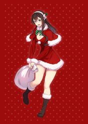 Rule 34 | 1girl, alternate costume, black hair, blue eyes, blush, boots, bow, bowtie, breasts, capelet, christmas, commentary request, dress, full body, fur-trimmed dress, fur trim, glasses, gloves, hairband, highres, holding, holly, kantai collection, long hair, long sleeves, looking at viewer, medium breasts, ooyodo (kancolle), open mouth, polka dot, polka dot background, red background, red capelet, red dress, red gloves, sack, santa boots, santa costume, semi-rimless eyewear, simple background, smile, solo, standing, under-rim eyewear, yuuji (and)