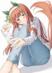 Rule 34 | 1girl, absurdres, animal ears, barefoot, blush, denim, ear covers, green eyes, hairband, highres, hime cut, horse ears, horse girl, horse tail, jeans, long hair, long sleeves, looking at viewer, orange hair, pants, puffy short sleeves, puffy sleeves, ribbed sweater, short sleeves, silence suzuka (umamusume), simple background, sitting, smile, solo, sweater, tail, twitter username, umamusume, white background, white hairband, white sweater, yamano rokamizu