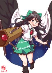 Rule 34 | 1girl, absurdres, arm cannon, bird wings, black eyes, black hair, black wings, bow, cosplay, dated, dress, frilled skirt, frills, full body, green bow, green skirt, hair bow, highres, kanon (kurogane knights), kantai collection, katsuragi (kancolle), logo, long hair, look-alike, looking at viewer, perspective, puffy short sleeves, puffy sleeves, reiuji utsuho, reiuji utsuho (cosplay), short sleeves, simple background, skirt, solo, touhou, weapon, white background, wings