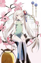 Rule 34 | 1girl, absurdres, bare shoulders, blue archive, blush, branch, breasts, bridal gauntlets, cherry blossoms, china dress, chinese clothes, cocokawa (cjsj8353), covered navel, dress, flower, green dress, grey hair, hair ornament, halo, highres, long hair, looking at viewer, mahjong soul, mutsuki (blue archive), mutsuki (flowery charms) (blue archive), official alternate hairstyle, petals, pink eyes, pointy ears, sitting, sleeveless, sleeveless dress, small breasts, smile, solo, thighhighs, very long hair, white thighhighs