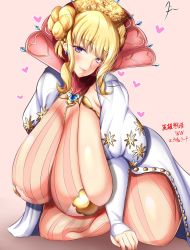 Rule 34 | 1girl, arm support, armpit crease, blonde hair, breasts, cleavage, double bun, gigantic breasts, gloves, hair bun, heart, high collar, highres, huge breasts, jewelry, kneeling, leaning forward, legs apart, long sleeves, looking at viewer, necklace, pink background, puffy sleeves, purple eyes, sagging breasts, seductive smile, sidelocks, skindentation, smile, solo, striped, tagme, vertical stripes, white gloves, ziran