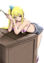 Rule 34 | 1girl, bare arms, bare shoulders, bikini, bikini top only, blonde hair, blue ribbon, breasts, brown eyes, cleavage, commentary, fairy tail, grey skirt, hair ribbon, highres, holding, holding key, key, large breasts, long hair, looking at viewer, lucy heartfilia, midriff, miniskirt, ribbon, side ponytail, simple background, skirt, smile, solo, swimsuit, vialnite, white background