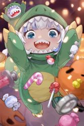 Rule 34 | &gt; &lt;, 1girl, :d, absurdres, arms up, bloop (gawr gura), blue eyes, blue hair, candy, candy cane, commentary request, dinosaur costume, food, full body, gasekun, gawr gura, highres, hololive, hololive english, holomyth, lollipop, looking at viewer, multicolored hair, open mouth, sharp teeth, short hair, silver hair, smile, solo, standing, standing on one leg, teeth, two-tone hair, upper teeth only, v-shaped eyebrows, virtual youtuber