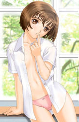 Rule 34 | arm support, bottomless, bow, bow panties, brown eyes, brown hair, dress shirt, leaning, lowres, no bra, no pants, open clothes, open shirt, panties, pink panties, shirt, short hair, standing, tony taka, underwear
