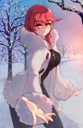 Rule 34 | 1girl, absurdres, bare tree, black pants, black shirt, coat, commentary, cross, cross necklace, day, eba rin, english commentary, fur-trimmed sleeves, fur collar, fur trim, green eyes, highres, jewelry, kimi no iru machi, long sleeves, looking at viewer, mole, mole under eye, necklace, open clothes, open coat, outdoors, outstretched arm, pants, red hair, rtil, shirt, smile, snow, solo, tree, white coat, winter clothes, winter coat