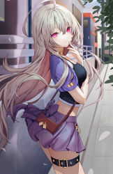 1girl ahoge bag black_camisole breasts brown_hair camisole closed_mouth crop_top cropped_jacket day hair_between_eyes hand_up highres jacket lloule long_hair looking_at_viewer looking_to_the_side midriff original outdoors pleated_skirt purple_jacket purple_skirt red_eyes shoulder_bag skirt small_breasts smile solo thigh_strap very_long_hair