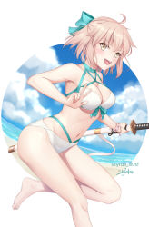 Rule 34 | 1girl, ahoge, artist name, bare shoulders, beach, bikini, bow, breasts, brown hair, cleavage, collarbone, commentary request, day, fate/grand order, fate (series), green ribbon, hair bow, hair ribbon, highres, holding, holding sword, holding weapon, katana, looking at viewer, medium breasts, navel, okita j. souji (fate), okita j. souji (third ascension) (fate), okita souji (fate), okita souji (koha-ace), ribbon, short hair, skyrail, smile, solo, swimsuit, sword, w, weapon, white bikini, yellow eyes