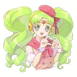 Rule 34 | 1girl, :d, bad id, bad twitter id, beret, colored eyelashes, cropped torso, detached sleeves, falulu, falulu (awakened), forehead jewel, green hair, grey eyes, hands up, hat, headphones, heart, heart hands, idol clothes, long hair, looking at viewer, mdr onj1807, neckerchief, open mouth, parted bangs, pink shirt, pretty series, pripara, puffy detached sleeves, puffy sleeves, red hat, red neckerchief, shirt, sidelocks, simple background, smile, solo, twintails, upper body, very long hair, white background, wrist cuffs