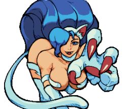 Rule 34 | 1girl, animal ears, animal hands, ass, bare shoulders, blue eyes, blue hair, breasts, cat ears, cat tail, countgate, fangs, felicia (vampire), large breasts, long hair, looking at viewer, pixel art, tail, vampire (game), very long hair, white fur