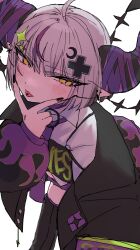 Rule 34 | 1girl, ahoge, black jacket, black nails, crescent, crescent hair ornament, cropped shirt, cross hair ornament, demon horns, ear piercing, flame print, grey hair, hair ornament, highres, hololive, horns, jacket, la+ darknesss, la+ darknesss (casual), looking at viewer, multicolored hair, official alternate costume, ouoia, piercing, purple hair, shirt, short hair, smile, streaked hair, tongue, tongue out, virtual youtuber, white shirt, yellow eyes