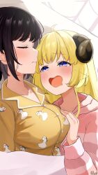 Rule 34 | 2girls, ahoge, black hair, black horns, blanket, blonde hair, blue eyes, blush, breasts, character print, closed eyes, closed mouth, commentary request, curled horns, drooling, female pervert, furrowed brow, grabbing, grabbing another&#039;s breast, hand on another&#039;s chest, highres, hololive, horns, large breasts, leo (f mmmnkm paint), long hair, long sleeves, lying, mouth drool, multiple girls, on back, oozora subaru, open mouth, orange pajamas, pajamas, pervert, pink sweater, profile, sheep girl, sheep horns, short hair, signature, striped clothes, striped sweater, subaru duck, sweat, sweater, tsunomaki watame, under covers, virtual youtuber, yuri
