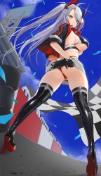 Rule 34 | 1girl, antenna hair, ass, azur lane, bikini, bikini top only, black thighhighs, breasts, checkered flag, collar, collared jacket, day, flag, from behind, from below, glint, headgear, headset, high heels, highres, jacket, large breasts, long hair, looking at viewer, looking back, microphone, microskirt, mole, mole on breast, multicolored hair, nanam (nanam sk), official alternate costume, outdoors, panties, prinz eugen (azur lane), prinz eugen (final lap) (azur lane), race queen, racetrack, racing, red footwear, red panties, sideboob, skirt, solo, streaked hair, swimsuit, thighhighs, thong, turning head, twintails, twisted torso, underboob, underwear, upskirt, white hair, yellow eyes