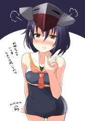 Rule 34 | 1girl, :t, angry, asymmetrical hair, bad id, bad pixiv id, black hair, black one-piece swimsuit, blue background, blush, breast cutout, brown eyes, closed mouth, dated, framed breasts, hair between eyes, hat, headphones, highres, i-13 (kancolle), kantai collection, looking back, minidraco, one-piece swimsuit, red neckwear, sailor collar, school swimsuit, shirt, short hair, solo, swimsuit, two-tone background, white background