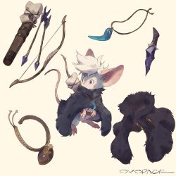 Rule 34 | animal, animal focus, arrow (projectile), artist name, belt, black cloak, blue eyes, bow (weapon), character sheet, cloak, clothed animal, commentary, dagger, from side, full body, highres, jewelry, knife, looking to the side, mito (murayama ryota), mouse, murayama ryota, no humans, original, pendant, quiver, short hair, signature, simple background, solo, standing, tail, unworn belt, unworn cloak, weapon, weapon on back, white background, white hair