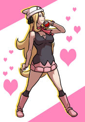 Rule 34 | 1girl, beanie, black shirt, blonde hair, boots, closed mouth, cosplay, creatures (company), cynthia (pokemon), dawn (pokemon), dawn (pokemon) (cosplay), eyelashes, full body, game freak, habatakuhituji, hair ornament, hand up, hat, heart, holding, holding poke ball, legs apart, long hair, nintendo, over-kneehighs, pink footwear, pink scarf, pink skirt, poke ball, poke ball (basic), pokemon, pokemon (anime), pokemon dppt (anime), poketch, scarf, shirt, skirt, sleeveless, sleeveless shirt, smile, solo, standing, thighhighs, watch, wristwatch