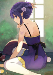 Rule 34 | 1girl, alternate hairstyle, artist name, backless dress, backless outfit, bad id, bad pixiv id, blue eyes, butterfly tattoo, comb, cushion, dress, fate/stay night, fate (series), flower, from side, hair bun, hair flower, hair ornament, hair up, makeup, md5 mismatch, medea (fate), nail polish, pantyhose, parted lips, pointy ears, profile, purple dress, purple hair, purple nails, scroll lock (scrool5), single hair bun, sitting, sleeveless, sleeveless dress, solo, spaghetti strap, tattoo, wariza, white pantyhose