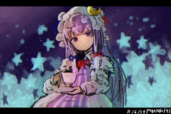 Rule 34 | 1girl, bad id, bad pixiv id, capelet, coat, crescent, cup, dated, dress, gradient background, hat, letterboxed, long sleeves, looking at viewer, mob cap, open clothes, open coat, patchouli knowledge, purple dress, purple eyes, purple hair, pyonsuke (pyon2 mfg), solo, star (symbol), striped clothes, striped dress, teacup, touhou
