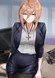 Rule 34 | 1girl, absurdres, aponia (honkai impact), black jacket, black skirt, blue eyes, brown hair, brown pantyhose, closed mouth, desk, grey shirt, hair between eyes, highres, honkai (series), honkai impact 3rd, jacket, jewelry, keyboard (computer), long hair, looking at viewer, monitor, mouse (computer), necklace, office lady, on desk, pantyhose, shirt, sitting, on desk, skirt, smile, solo, tian kazuki