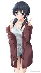 Rule 34 | 1girl, black hair, blue eyes, blush, braid, camisole, cardigan, cowboy shot, highres, jacket, kakuremino7928, long hair, looking at viewer, off shoulder, open clothes, open jacket, open mouth, seitokai yakuindomo, short shorts, shorts, smile, solo, standing, twin braids, twintails, uomi, uomi chihiro, white camisole