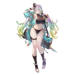 Rule 34 | 1girl, alpha transparency, arm up, armpits, bikini, black bikini, black gloves, blush, breasts, cupitan (granblue fantasy), cupitan (summer) (granblue fantasy), feet, full body, gloves, gradient hair, granblue fantasy, green eyes, hair between eyes, hair ornament, highleg, highleg bikini, large breasts, legs, long hair, looking at viewer, low twintails, minaba hideo, multicolored hair, navel, official art, rainbow hair, sandals, smile, solo, standing, swimsuit, thigh gap, thigh strap, toenails, toes, transparent background, twintails