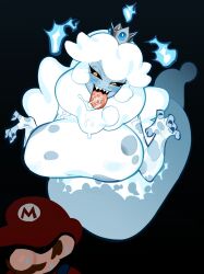 Rule 34 | 1boy, 1girl, alternate form, black background, black sclera, blue fire, breasts, brown hair, colored sclera, commentary, crown, english commentary, facial hair, fire, ghost, hat, highres, huge breasts, mario, mario (series), mustache, nintendo, open mouth, princess peach, red headwear, saliva, sharp teeth, short hair, simple background, sweat, teeth, tongue, tongue out, yellow eyes, zillionaire