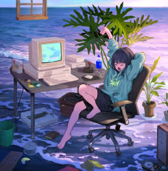 Rule 34 | 1girl, amiga, arm behind head, arm up, artist name, barefoot, beach, black hair, book, bottle, box, broken, cd, chair, check commentary, closed eyes, commentary, commentary request, computer, controller, crt, floating, floating object, floppy disk, flower pot, full body, game controller, hard drive, highres, hood, hoodie, horizon, keyboard (computer), knee up, long sleeves, mechanical keyboard, monitor, mouse (computer), mousepad (object), ocean, office chair, on chair, original, outdoors, plant, pocket, potted plant, printer, sho (sho lwlw), short hair, shorts, sim life, sitting, sky, solo, spoon, stretching, surreal, swivel chair, table, tearing up, toe-point, toes, trash can, water, water bottle, window, yawning