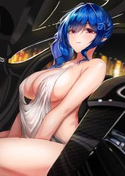 Rule 34 | 1girl, absurdres, azur lane, bare shoulders, blue hair, blush, breasts, cleavage, collarbone, ddalrim, dress, earrings, evening gown, hair between eyes, halter dress, halterneck, highres, jewelry, large breasts, long hair, looking at viewer, necklace, pink eyes, plunging neckline, revealing clothes, side ponytail, sidelocks, silver dress, sitting, smile, solo, st. louis (azur lane), st. louis (luxurious wheels) (azur lane), thighs