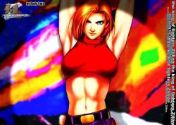 Rule 34 | 1girl, armpits, arms behind head, blonde hair, blue eyes, blue mary, breasts, fatal fury, jpeg artifacts, large breasts, midriff, navel, one eye closed, short hair, snk, solo, the king of fighters, wink