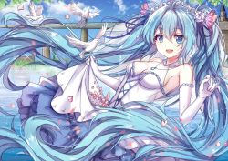 Rule 34 | 1girl, aqua hair, bird, blue eyes, day, dress, elbow gloves, floating hair, gloves, hatsune miku, head wreath, jewelry, long hair, looking at viewer, necklace, open mouth, outdoors, ring, shanguier, skirt hold, sky, solo, twintails, very long hair, vocaloid, white gloves