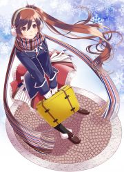 Rule 34 | 1girl, bad id, bad pixiv id, brown hair, earmuffs, original, scarf, shibanashi miso, side ponytail, skirt, snowflakes, solo, striped clothes, striped scarf, suitcase, una