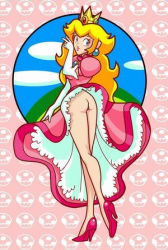 Rule 34 | 1girl, ass, blonde hair, dress, legs, looking back, lowres, mario (series), nintendo, princess peach, sky, solo, super mario bros. 1, super princess peach