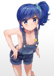 Rule 34 | 1girl, :&lt;, aikatsu!, aikatsu! (series), bare arms, blue eyes, blue hair, breasts, collarbone, convenient censoring, denim, gradient background, hair ornament, hair scrunchie, kiriya aoi, leaning forward, looking at viewer, naked overalls, onbin ha, overalls, scrunchie, short hair, side ponytail, sidelocks, small breasts, smiley face, solo, suspenders
