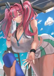 Rule 34 | 1girl, absurdres, azur lane, bare shoulders, blue sky, blush, bottle, breasts, bremerton (azur lane), bremerton (scorching-hot training) (azur lane), chain-link fence, cleavage, closed mouth, cloud, collarbone, commentary, cowboy shot, crop top, crop top overhang, day, drying, drying body, fence, green skirt, grey hair, hair between eyes, hair intakes, hair ornament, hairclip, hand up, heart, heart necklace, highres, holding, holding bottle, holding towel, jewelry, large breasts, long hair, looking at viewer, midriff, mole, mole under eye, multicolored hair, namazake, necklace, pink eyes, pink hair, pov, pov hands, see-through, see-through shirt, shirt, sidelocks, skirt, sky, sleeveless, sleeveless shirt, smile, solo focus, sportswear, standing, streaked hair, sweat, sweatband, tennis uniform, towel, towel around neck, twintails, two-tone hair, two-tone shirt, two-tone skirt, water bottle, wet, wet clothes, wet shirt, white shirt, white skirt, x hair ornament