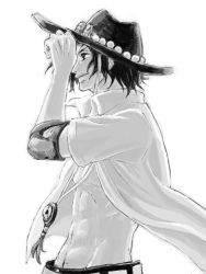 Rule 34 | 1boy, abs, belt, freckles, hand on headwear, hat, karukaradon818, male focus, monochrome, muscular, one piece, open clothes, open shirt, portgas d. ace, profile, sad face, shirt, simple background, smiley, smiley face, solo, stampede string, standing, wind