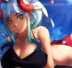 Rule 34 | 1girl, blue background, blue hair, breasts, cleavage, funi xd, green hair, horns, large breasts, light smile, long hair, one piece, panties, red horns, simple background, smile, underwear, white hair, yamato (one piece), yellow eyes