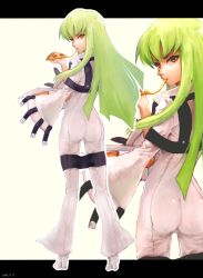 Rule 34 | 1girl, ass, bodysuit, c.c., code geass, female focus, food, food in mouth, green hair, long hair, looking at viewer, looking back, mochacot, pizza, skin tight, solo, yellow eyes, zoom layer