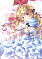 Rule 34 | 1girl, :o, absurdres, bed, blonde hair, blue eyes, bottle, box, breasts, case, cleavage, copyright request, corset, crown, curtains, dress, elbow gloves, frilled dress, frilled pillow, frills, from side, gem, gloves, head rest, highres, indoors, jewelry, kino (kino konomi), layered dress, leaning forward, mirror, necklace, parted lips, pendant, perfume bottle, pillow, ring, sitting, white dress, white gloves