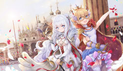 Rule 34 | + +, 2girls, azur lane, bird, blonde hair, blue eyes, breasts, cape, carnival, carnival mask, cathedral, chinese commentary, clothing cutout, commentary request, day, death-the-cat, double bun, dove, epaulettes, falling petals, gauntlets, hair bun, highres, le malin (azur lane), le triomphant (azur lane), long hair, long sleeves, multiple girls, petals, rose petals, short hair, sideboob, silver hair, skirt, sky, small breasts, tutu, underboob, underboob cutout, venice, very long hair