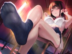 1girl :p black_hair black_skirt bra breasts chair classroom crossed_legs feet foot_focus highres indoors licking_lips long_hair looking_at_viewer maeshimashi medium_breasts no_shoes non-web_source open_clothes open_shirt original panties pleated_skirt red_eyes school_chair school_uniform shirt sidelocks sitting skirt socks soles solo sunset thighs tongue tongue_out underwear white_bra white_panties white_shirt