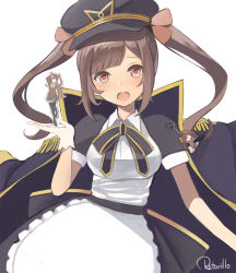 Rule 34 | 1girl, :d, apron, arm up, artist name, bad id, bad pixiv id, black coat, black dress, black hat, black neckwear, black skirt, black thighhighs, blunt bangs, blush, breasts, brown eyes, brown hair, brown ribbon, brown shirt, charm (object), coat, collared shirt, commentary request, cosplay, cowboy shot, dress, epaulettes, figure, frilled apron, frills, gloves, gold trim, hair ribbon, hand up, hat, head tilt, highres, jacket, jacket on shoulders, kagura gumi, kagura mea, leg up, long hair, long sleeves, looking at viewer, maid, maid apron, medium breasts, miniskirt, morinaga miu, morinaga miu channel, neck ribbon, necktie, open mouth, peaked cap, puffy short sleeves, puffy sleeves, retorillo, ribbon, school uniform, shirt, short sleeves, sidelocks, simple background, skirt, sleeves past wrists, smile, solo, teeth, thighhighs, twintails, upper body, upper teeth only, v, virtual youtuber, wavy hair, white apron, white background, white gloves, white shirt, wing collar