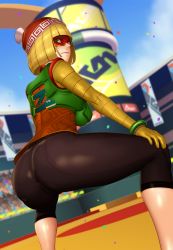Rule 34 | 1girl, arms (game), ass, blonde hair, breasts, cleft of venus, from behind, gloves, green eyes, hat, large breasts, looking back, mask, min min (arms), pants, shiny clothes, shiny skin, shiory, short hair, sideboob, solo, squatting